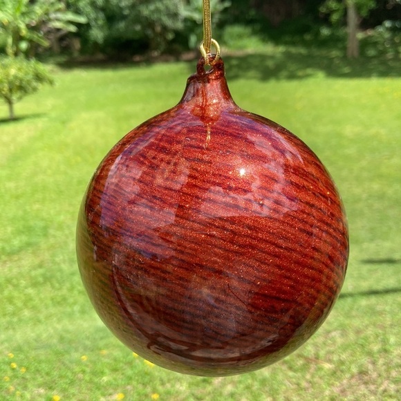 Hand Blown Red Orange Glitter Tiger Eye Medium Glass Ornament - Picture 7 of 11